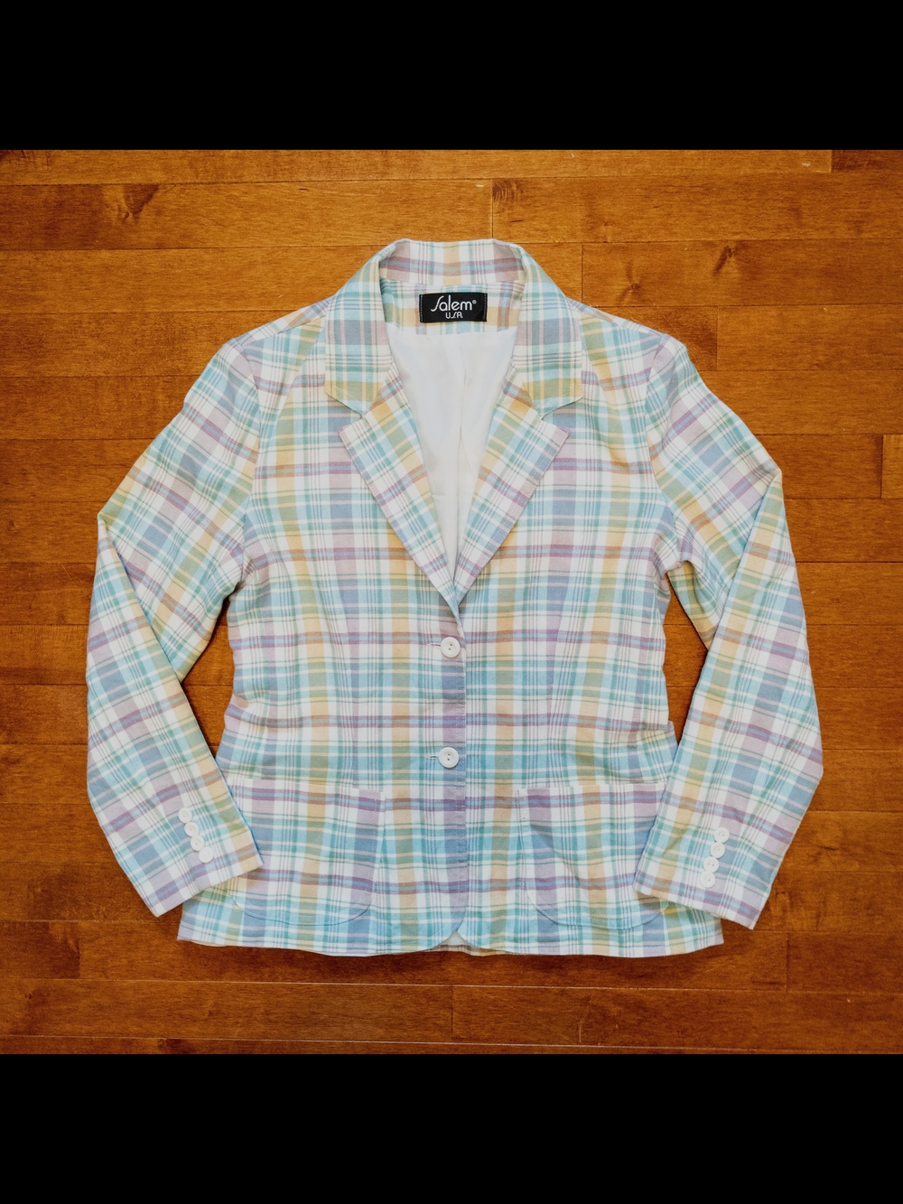 Vtg 90s Salem U.S.A. Pastel Plaid Linen Blend Blazer Jacket Women's 7/8 (Small)